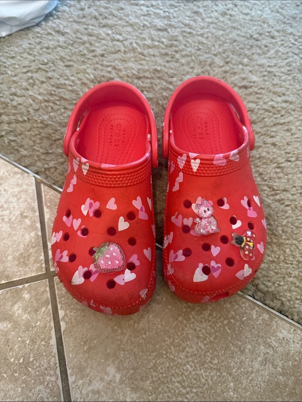 Kids Red Heart Print Crocs Shoes with Charms
